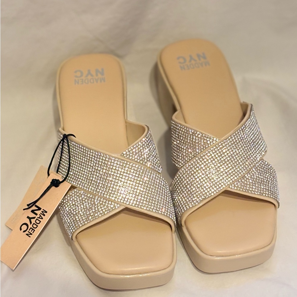 Madden NYC Women's Bling Square Low-Heeled Rhinestones Sandals Vegan